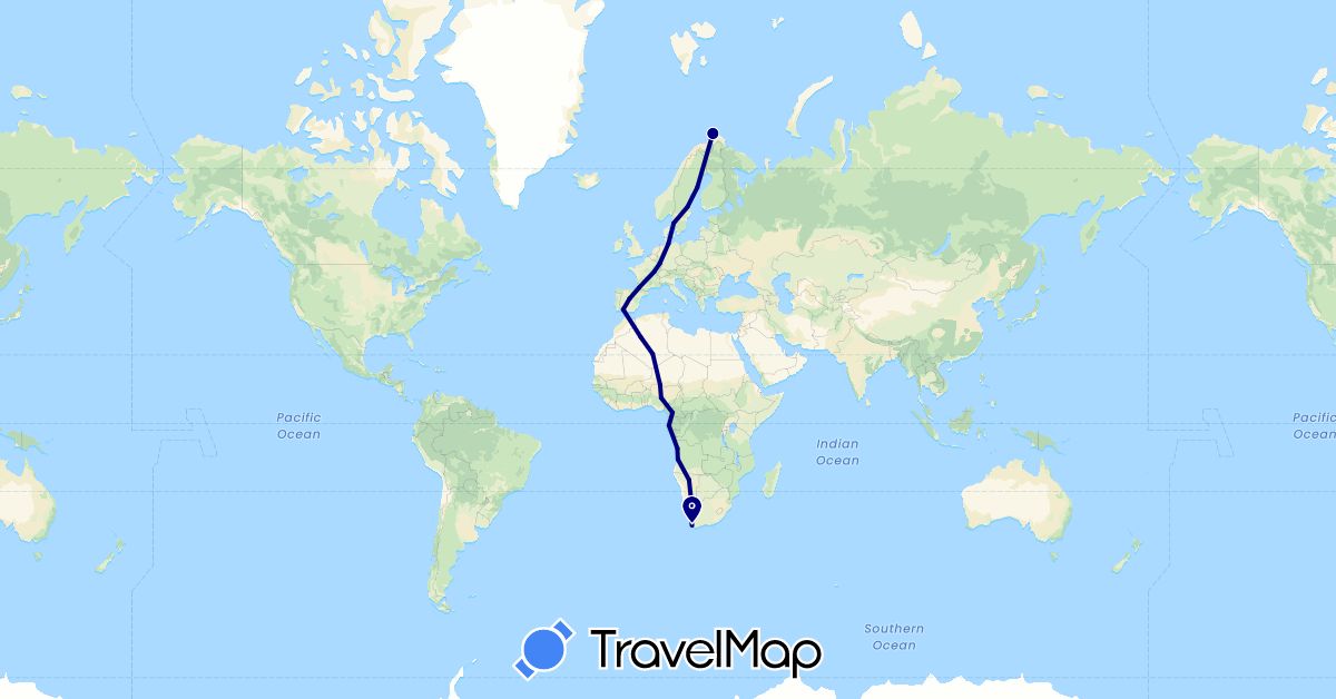 TravelMap itinerary: driving in Angola, Cameroon, Germany, Algeria, Spain, France, Gabon, Namibia, Niger, Nigeria, Norway, Sweden, South Africa (Africa, Europe)